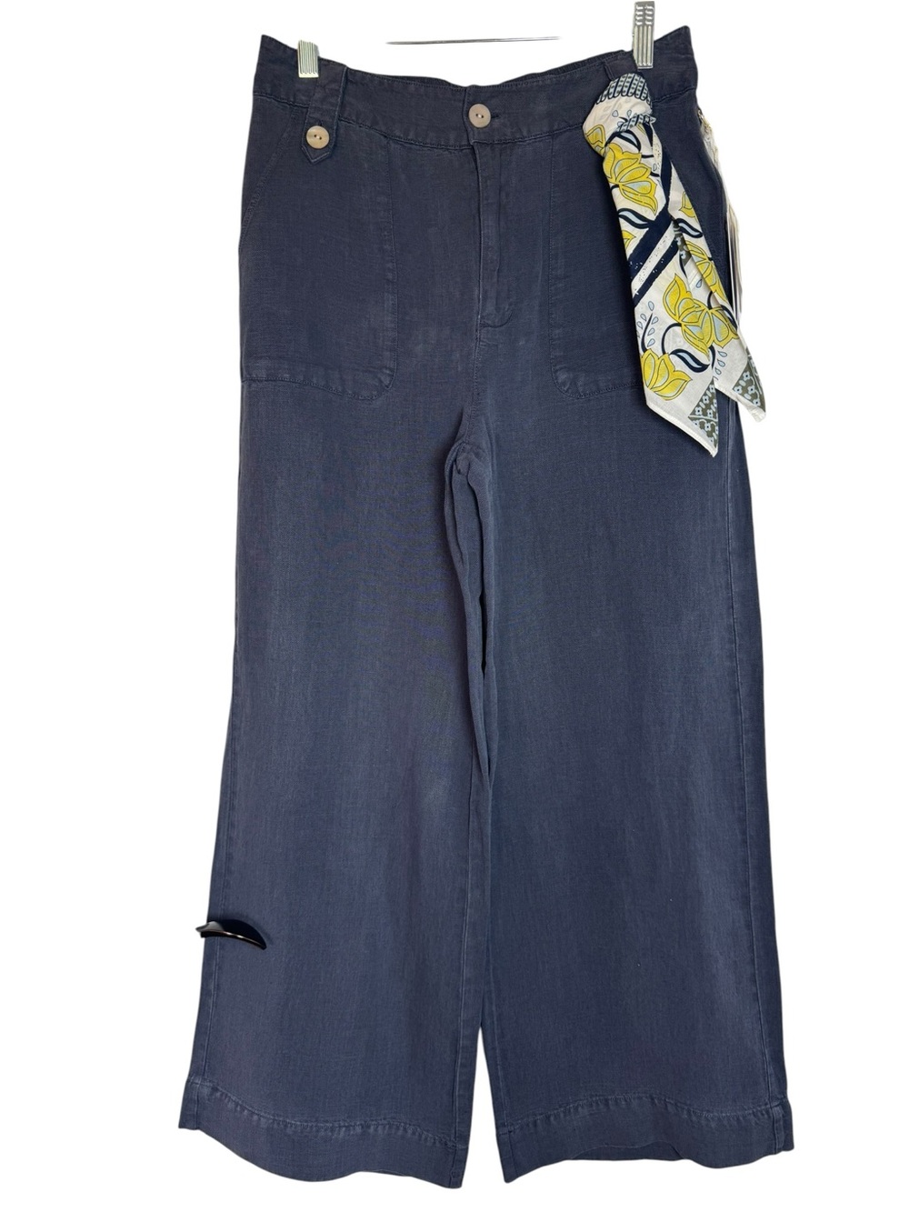 NWT C&C California Navy Linen Blend Wide-Leg Cropped Size 6 Pants with Scarf